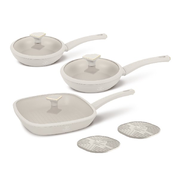 סט מחבתות וגריל TitanPro עם מכסי זכוכית בציפוי תלת שכבות בצבע קרם מט מתאים לאינדוקציה